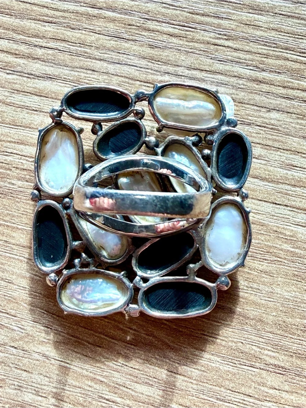 Vintage CFJ THAI 925 Sterling Silver Baroque Pearl Black Onyx Cluster Ring Sz 8